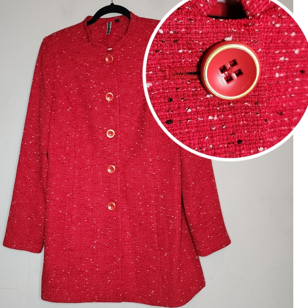 Mary Kay Red Tweed Button Jacket Long Blazer Mock Neck Size Medium Tall